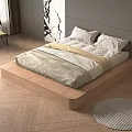 Tatami Bedroom Interior With Wooden Platform Bed Pillows Bedding Herringbone Flooring And Round Rug