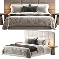 Modern Double Bed with Upholstered Headboard Soft Pillows Bed Runner and Wooden Nightstand
