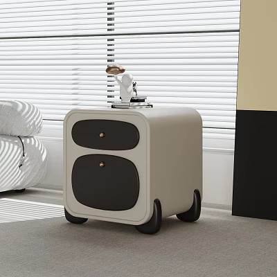 Modern Minimalist Bedside Table With Two Drawers And Wheels Near Sofa And Window Blinds 3d model