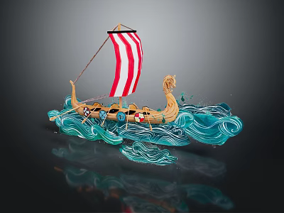 Viking Wooden Ship With Red And White Striped Sail And Dragon Head On Blue Waves With Reflection 3d model