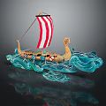 Viking Wooden Ship With Red And White Striped Sail And Dragon Head On Blue Waves With Reflection