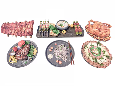 Various Chinese Dishes With Grilled Ribs Skewers Soup Roast Chicken Steak Noodles And Meat Platter 3d model