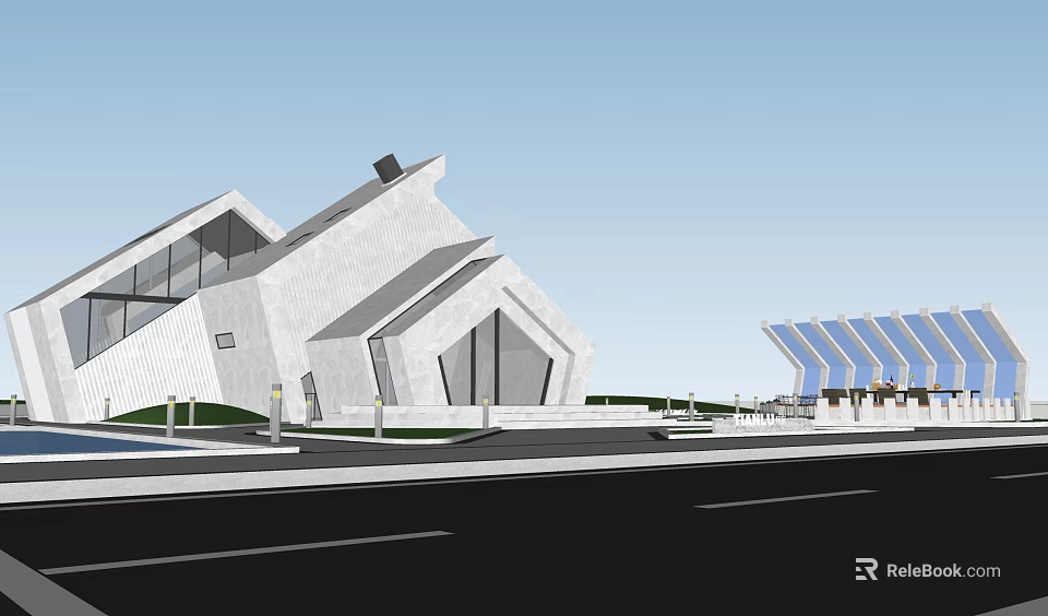 Modern Geometric Single Family House With Large Windows White Facade And Solar Panels 3d model 