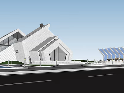 Modern Geometric Single Family House With Large Windows White Facade And Solar Panels 3d model