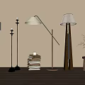 Modern Floor Lamps with Stack of Books Vase and Wooden Stool in Beige Wall Interior