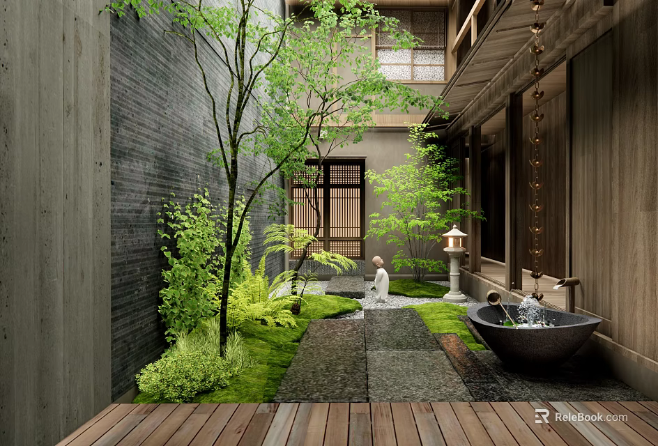 Japanese Courtyard Garden With Stone Lantern Moss Covered Path Wooden Deck And Traditional Sliding Doors 3d model 