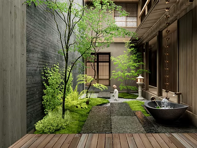 Japanese Courtyard Garden With Stone Lantern Moss Covered Path Wooden Deck And Traditional Sliding Doors 3d model