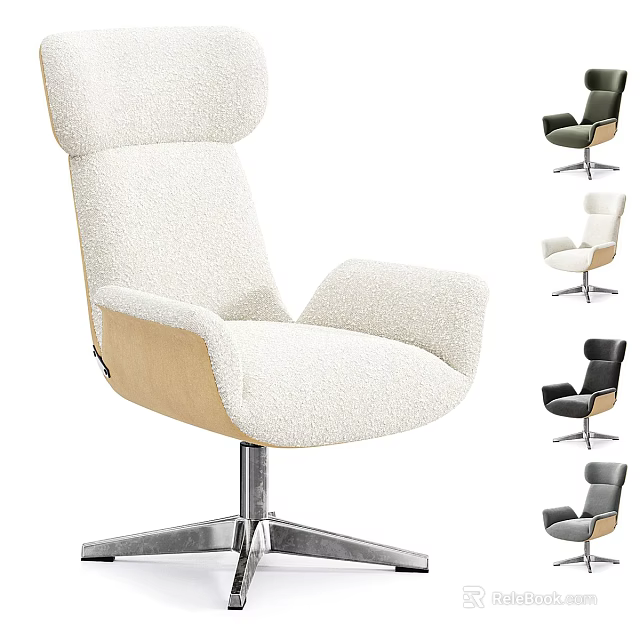 Modern Plush Accent Chair with Wooden Armrests and Metal Swivel Base in Multiple Colors 3d model 
