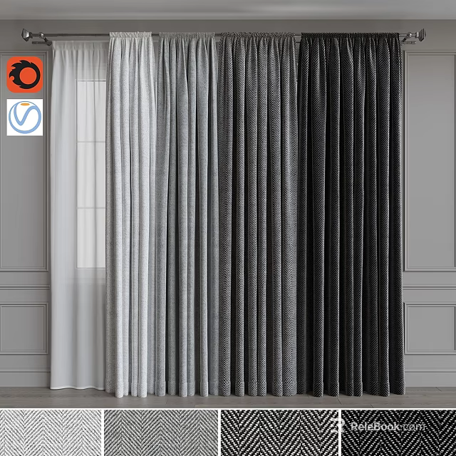 Elegant Window Curtains In White Gray And Black Shades For Modern Home Interior 3d model 