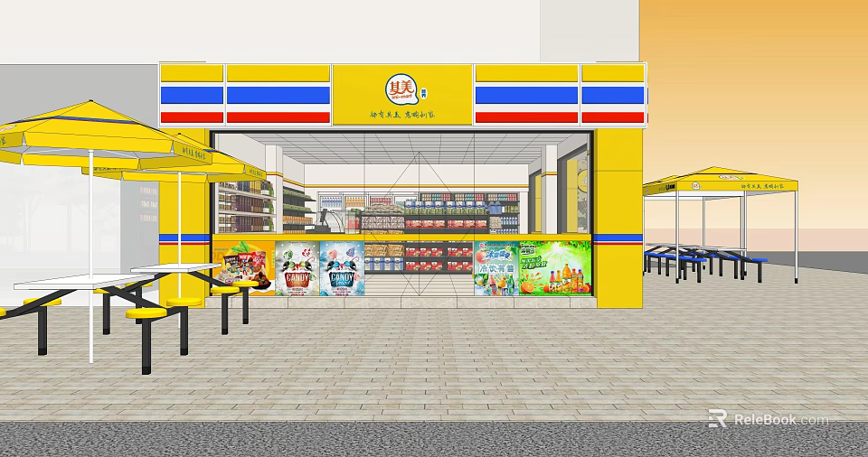 Bright Yellow Blue Supermarket Storefront With Shelves Groceries And Outdoor Seating 3d model 