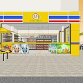 Bright Yellow Blue Supermarket Storefront With Shelves Groceries And Outdoor Seating