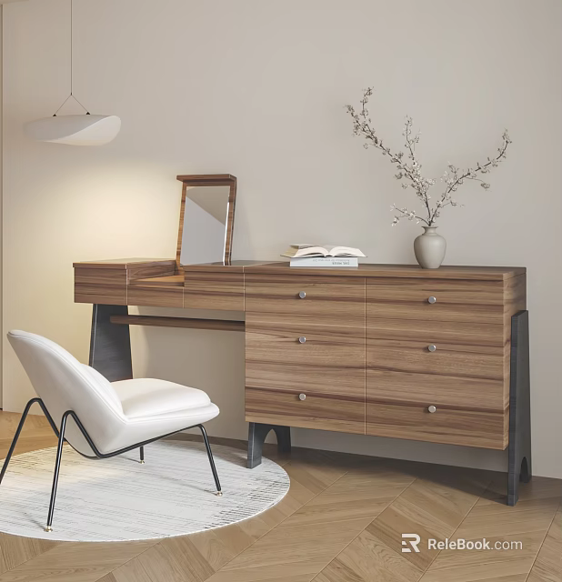 Wooden Dresser with Mirror and Drawers White Chair and Vase with Branches in Minimalist Interior 3d model 