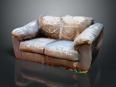 Worn Stained Brown Leather Two Seater Sofa With Grass Growing Underneath Dark Background 3d model