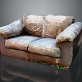 Worn Stained Brown Leather Two Seater Sofa With Grass Growing Underneath Dark Background