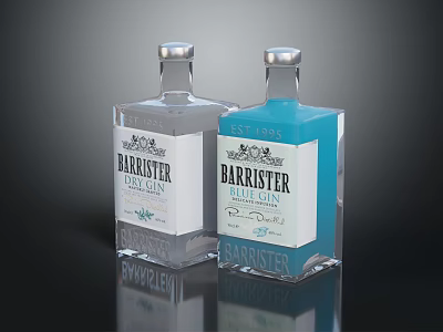Barrister London Dry Gin and Blue Bottle Gin in Transparent Bottles with Silver Caps 3d model
