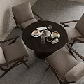 Round Meeting Table and Chairs with Light Colored Seats Wooden Frame and Tea Set in Minimalist Modern Room