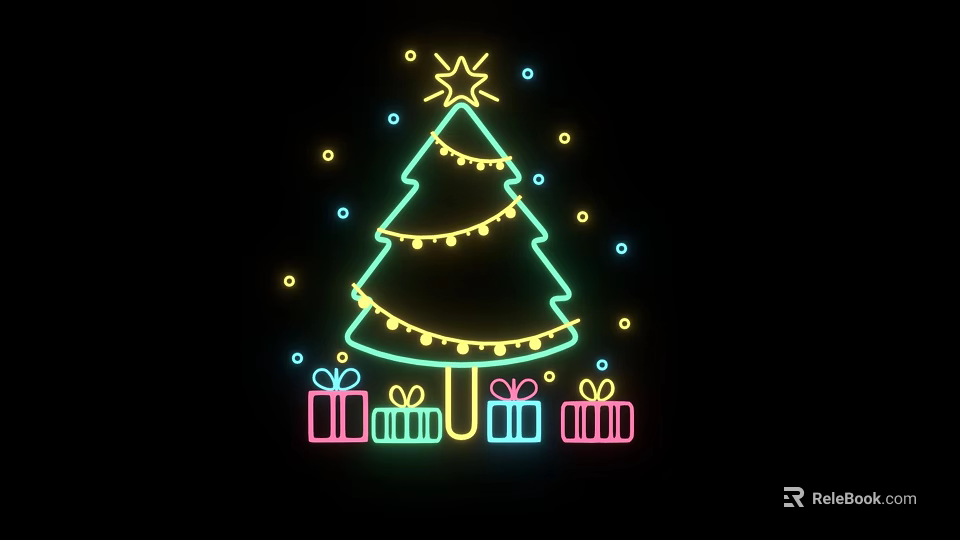 Neon Christmas Tree Wall Decor With Yellow Star String Lights And Colorful Gift Boxes 3d model 