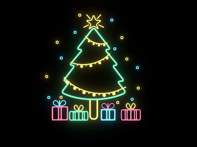 Neon Christmas Tree Wall Decor With Yellow Star String Lights And Colorful Gift Boxes 3d model