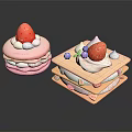 Delicious Layered Round and Square Desserts with Fresh Strawberries Whipped Cream and Purple Berries