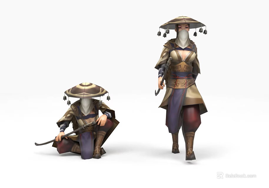 Game and Movie Characters in Ornate Costumes with Conical Hats Squatting and Standing 3d model 