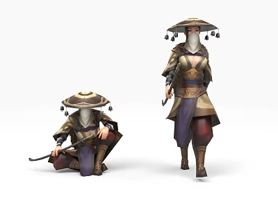 Game and Movie Characters in Ornate Costumes with Conical Hats Squatting and Standing 3d model