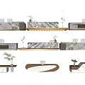 Modern Various Shaped Reception Desk Design With Marble Countertop Wooden Elements Plants And Computers 3d model