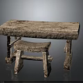 Rustic Wooden Furniture Table And Stool With Natural Wood Texture Design