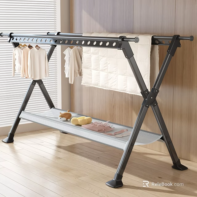 Black Foldable Two Tier Clothes Drying Rack With Hanging Clothes And Lower Shelf 3d model 
