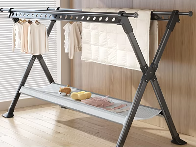 Black Foldable Two Tier Clothes Drying Rack With Hanging Clothes And Lower Shelf 3d model