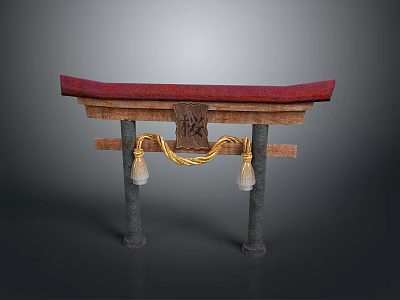 Small Shinto Torii with Wooden Structure Red Top and Gold Decorative Rope White Tassels Design 3d model