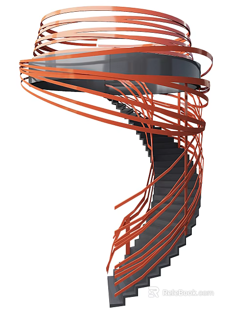 Modern Artistic Spiral Staircase With Orange Spiral Structure And Dark Steps Design 3d model 