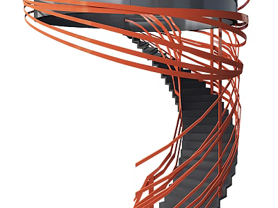 Modern Artistic Spiral Staircase With Orange Spiral Structure And Dark Steps Design 3d model
