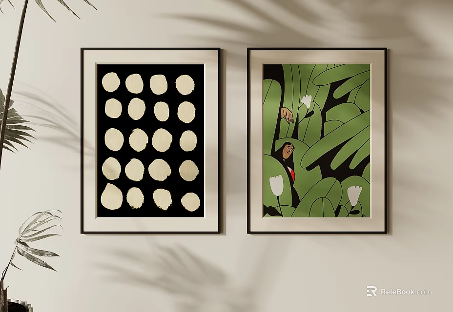 Abstract Wall Art Display With Circles And Green Leaf Patterns 3d model