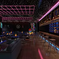 Modern Bar Interior With Neon Decor City Skyline View And Blue Lighting