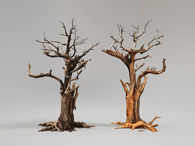 Withered Leafless Shrub With Thick Trunk Branches And Exposed Roots On Gray Background 3d model