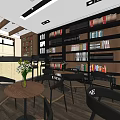 Modern Café Interior Design With Wooden Bookshelves Sofa Seating And Hanging Lights