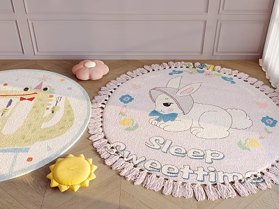 Cute Round Cartoon Rabbit Area Rug With Pastel Tassels And Text 3d model