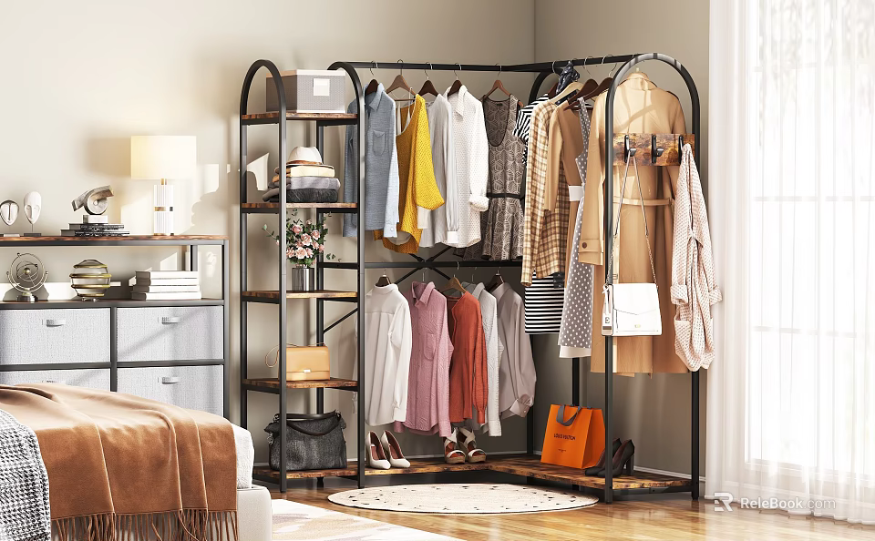Black Metal Freestanding Clothes Rack With Colorful Hanging Clothes Shoes And Storage Shelves 3d model 