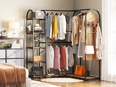 Black Metal Freestanding Clothes Rack With Colorful Hanging Clothes Shoes And Storage Shelves 3d model
