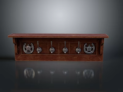 Brown Wooden Wall Mounted Furniture With Decorative Metal Hooks For Entryway Use 3d model