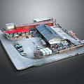 Cartoon Scene of Industrial Area with Warehouse Store Vehicles Road and Parking Lot