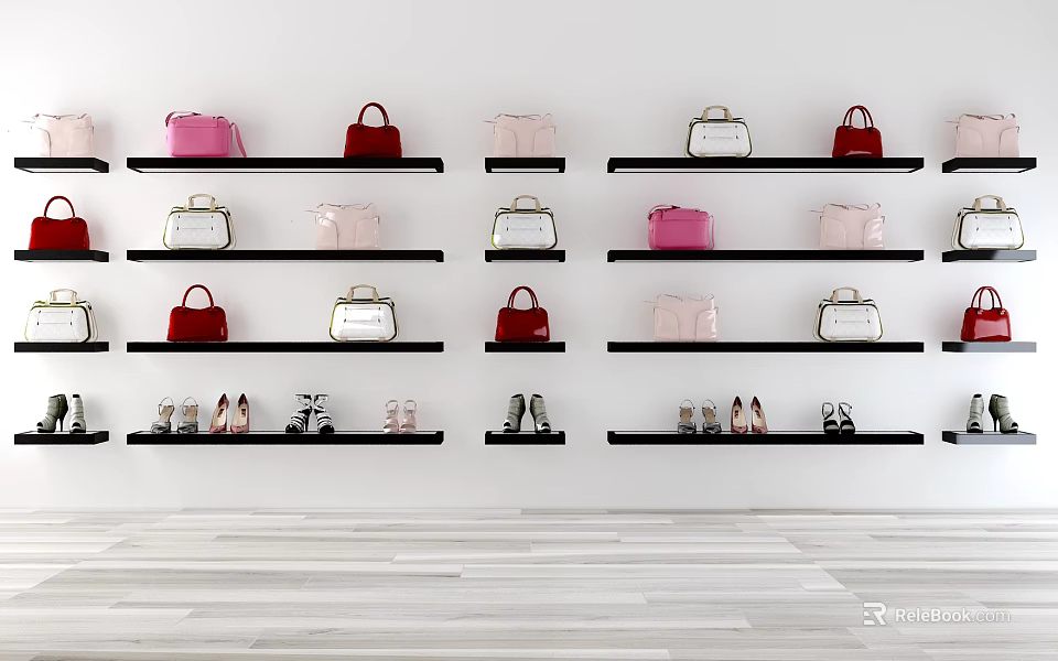 Display Shelves in Retail Space Arranged with Various Bags and Shoes 3d model 