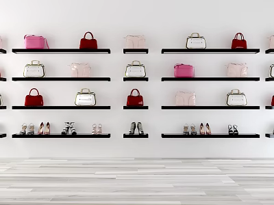 Display Shelves in Retail Space Arranged with Various Bags and Shoes 3d model
