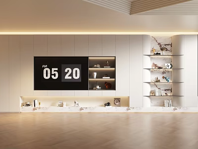 Modern Living Room TV Wall With Built in Display Shelves Open Racks And Decorative Time 3d model