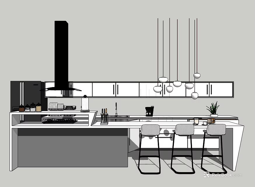 Modern Kitchen Design With White Cabinets Island Counter And Pendant Lights 3d model 