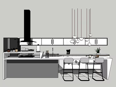 Modern Kitchen Design With White Cabinets Island Counter And Pendant Lights 3d model