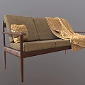 Brown Fabric Multi Seater Sofa With Wooden Armrests Decorative Pillow And Yellow Patterned Blanket