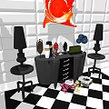 Modern Console Table And Side Cabinet With Red Decorative Painting Black Lamps Against White Wall