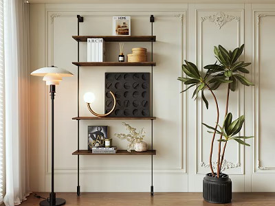 Elegant Wall Mounted Bookshelf Interior With Books Decorative Items Potted Plant And Floor Lamp 3d model