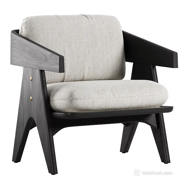 Modern Accent Chair With Light Fabric Cushion And Black Wooden Frame 3d model 